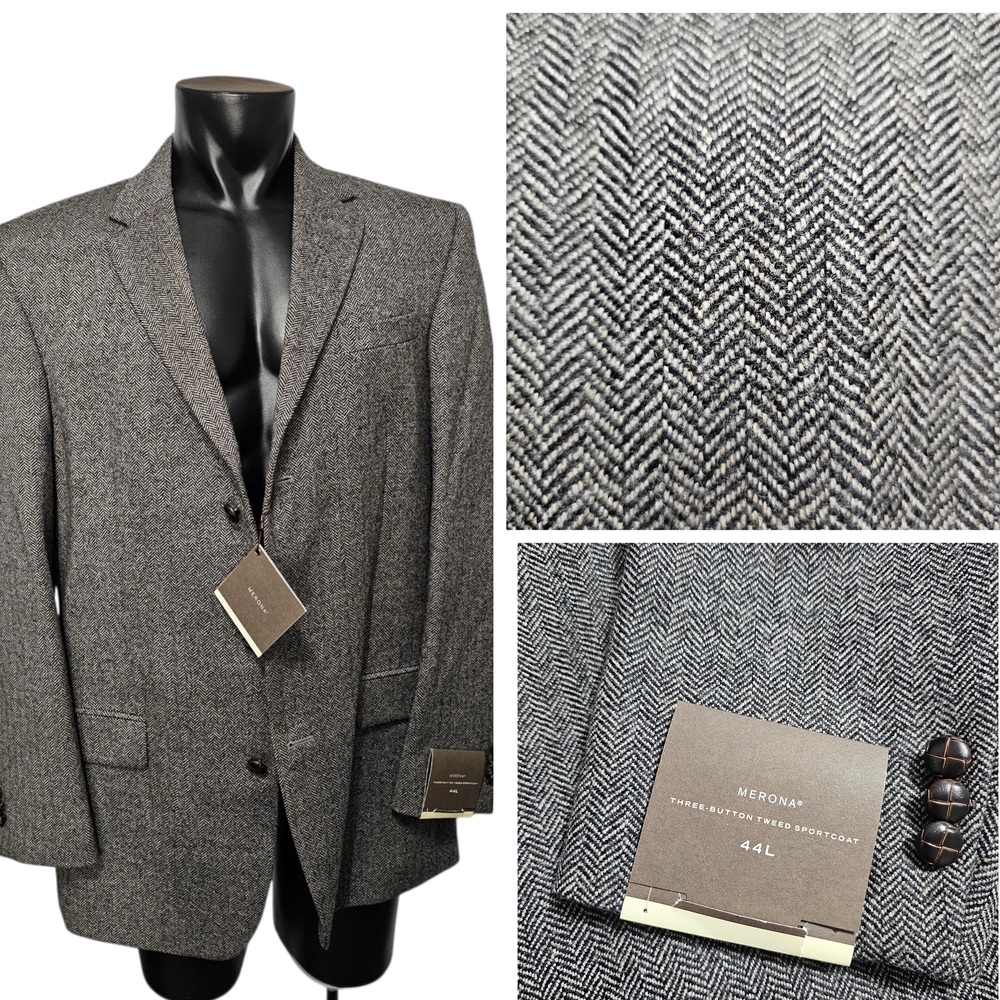 Merona Three Button Tweed Sport Coat Size 44L Black Cream 100% Wool Single Vent